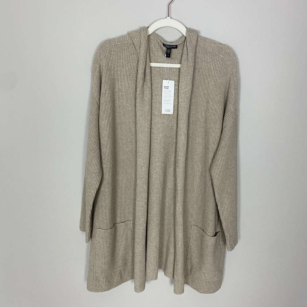 Eileen Fisher Long Hooded Cardigan Sweater Tan Front Pockets Womens 1X MRSP $298